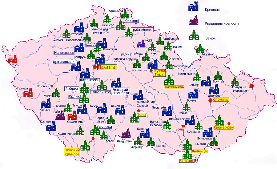 Карта крепостей и замков Чехии